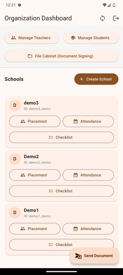 Organisation dashboard listing three schools with placement, attendance and checklist controls