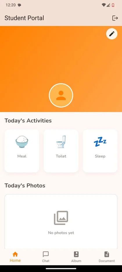 Parent home screen showing today's meal, toilet and sleep activities plus photos