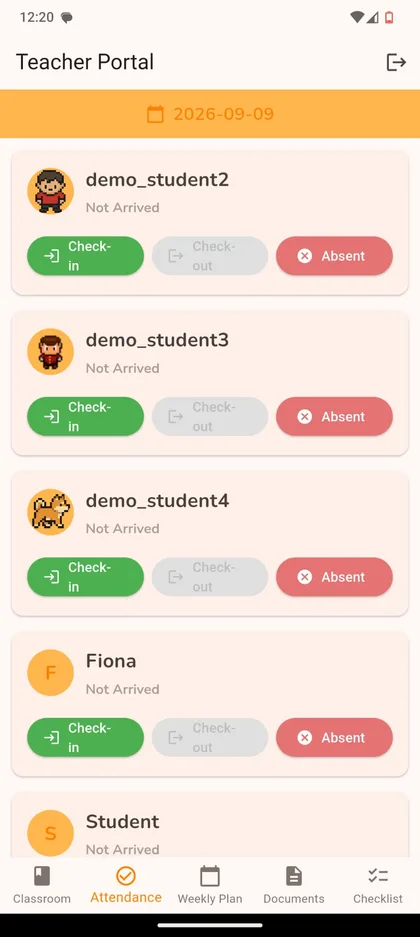 Teacher attendance screen with check-in, check-out and absent controls for each child
