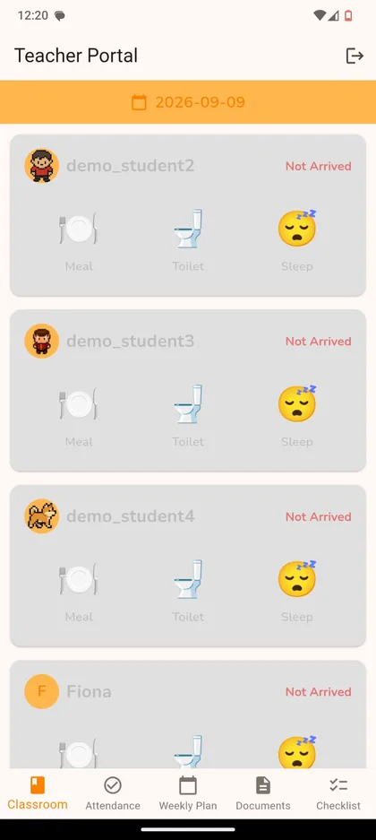 Teacher classroom screen logging meal, toilet and sleep for each child