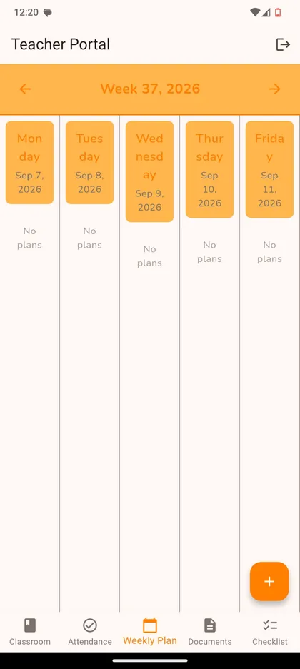 Teacher weekly plan screen showing a five-day planning grid