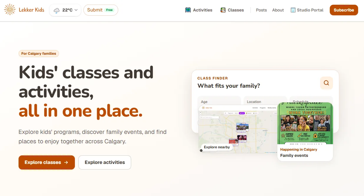 LekkerKids homepage: a class finder that filters by age, location, and schedule, next to a map of nearby places and a panel of family events.