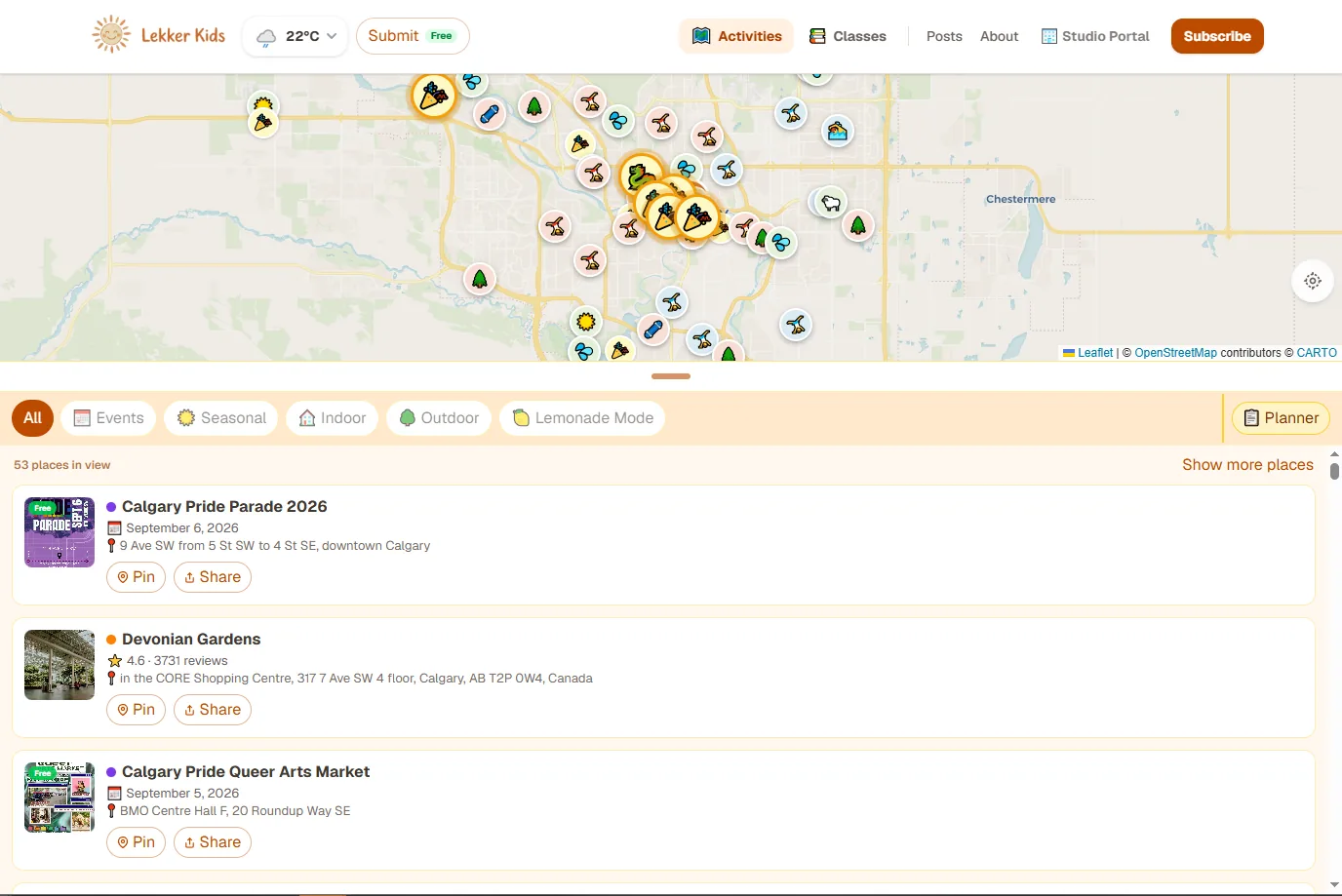 Version 2: a map across the top with a scrollable sheet of places and events below it.