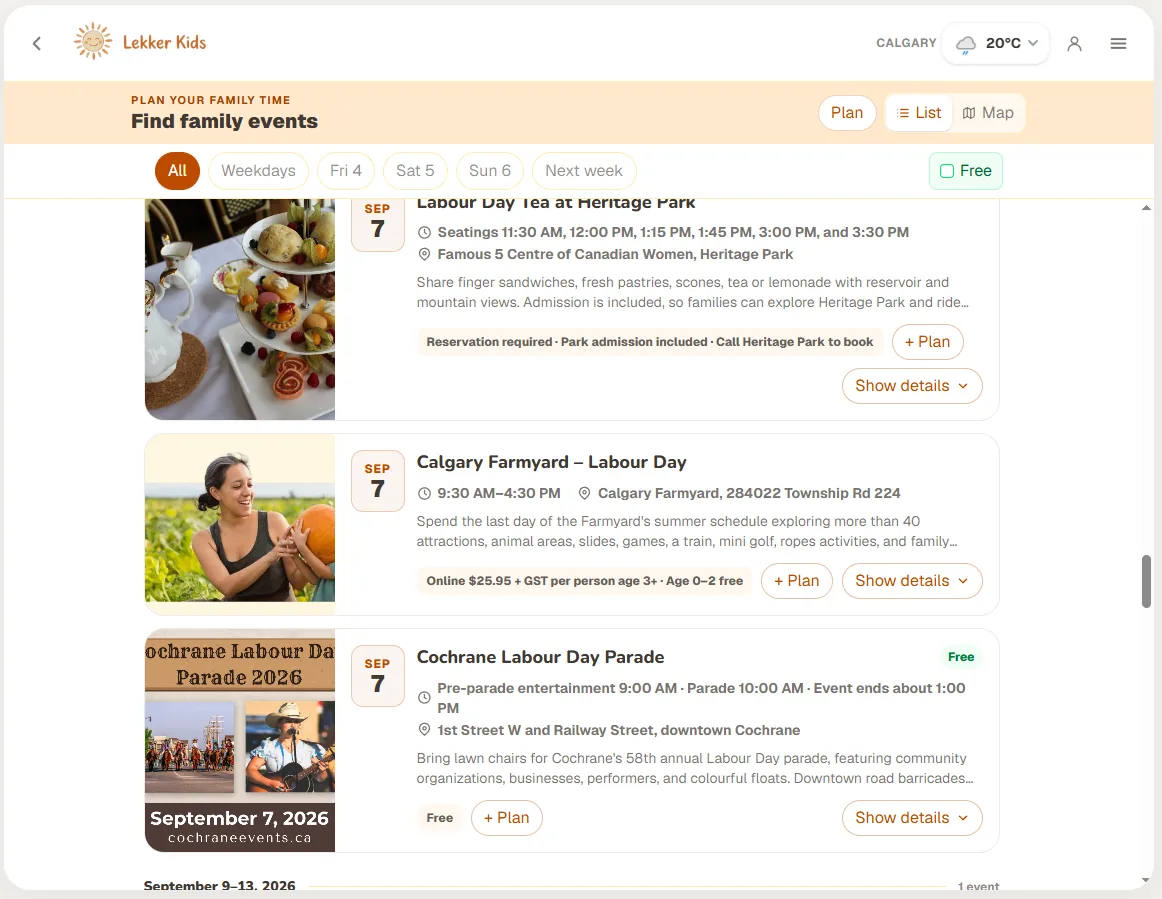Version 3: a dated list of family events with times, prices, and details, and a map toggle in the header.